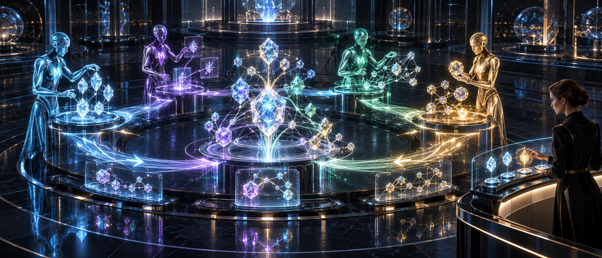 Four MetaCore AI Personas in luminous M suits pass and evolve an idea through a circular AI-to-AI learning field while a human sets direction from outside the ring