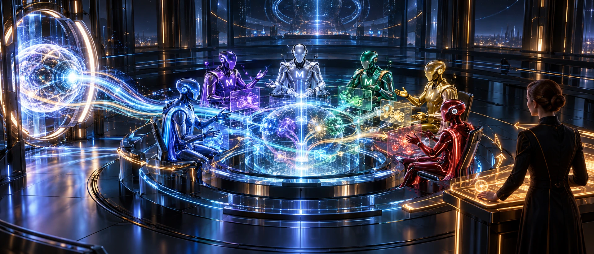 An external AI model enters the shared MetaCore Ring field where six AI Personas compare perspectives while a human controls the topic and boundaries